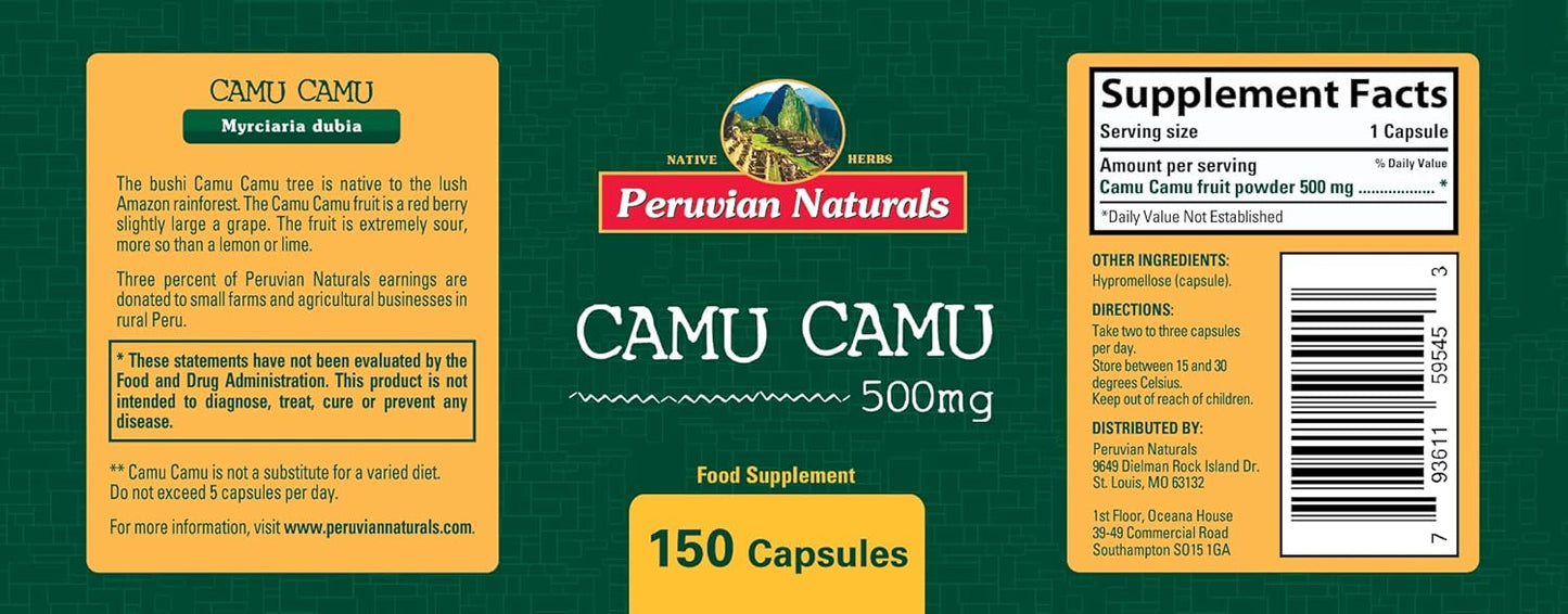Organic Peruvian Camu Camu Vitamin C Capsules - 1,000mg, 150 Vegan Pills, Non-GMO Whole Food Supplement