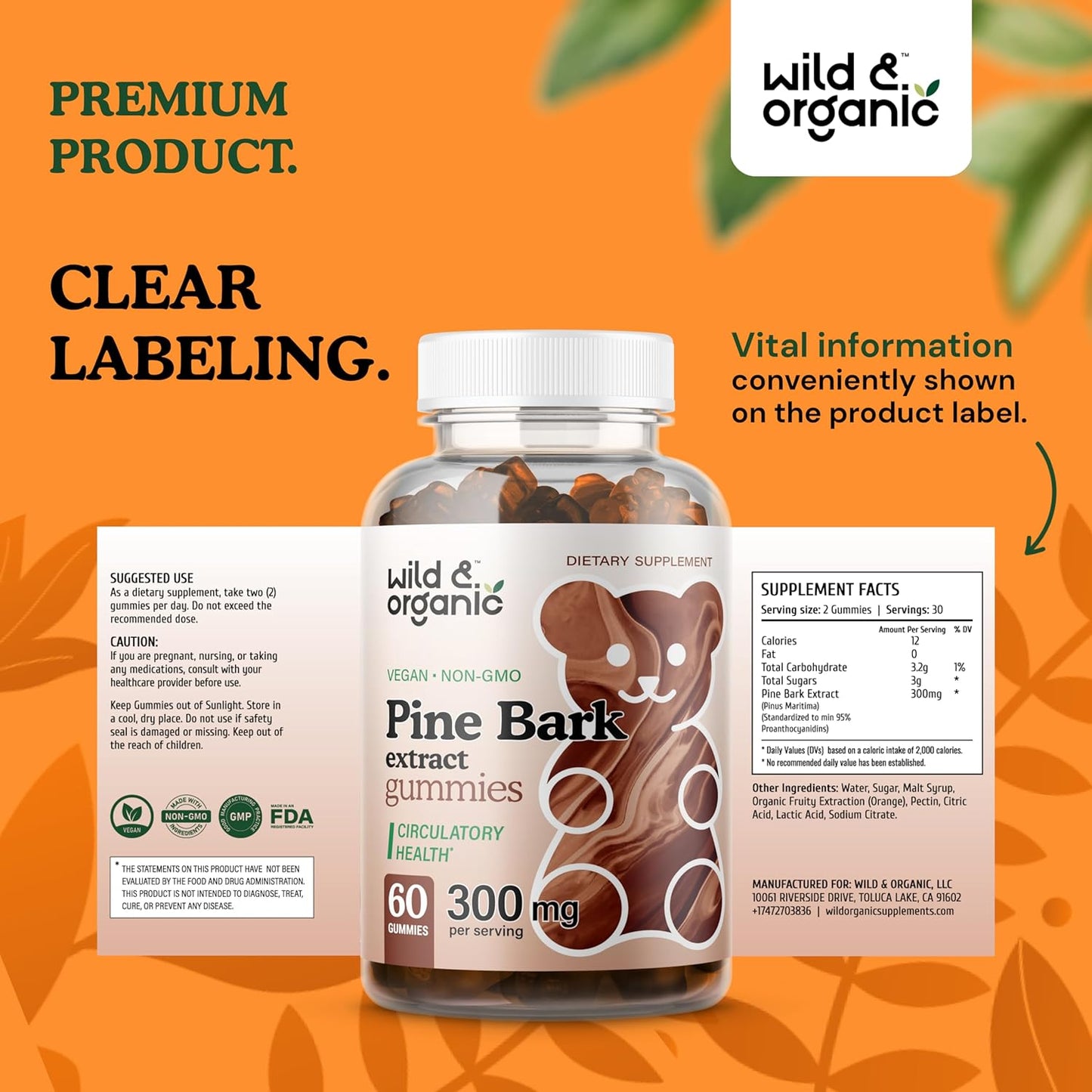 Organic Pine Bark Extract Gummies 300mg - Antioxidant Support from French Maritime Pine Bark Tree - Pinus Pinaster Supplements - 60 Vegan Gummies