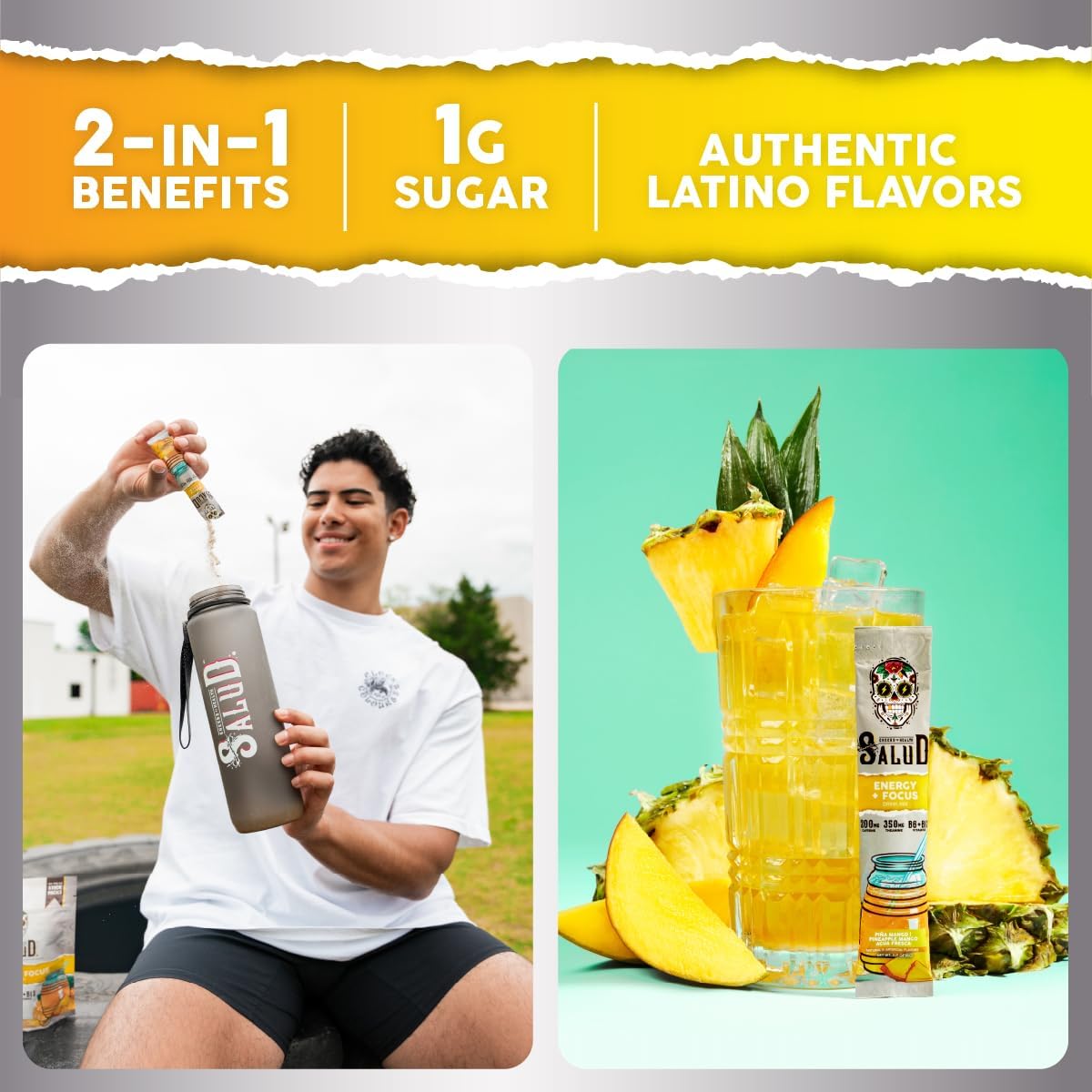 Organic Pineapple Mango Energy Drink Powder with Focus, B6, B12, Theanine - Clean Energy Packets, Agua Fresca Mix - Non-GMO, Vegan, Gluten-Free - 15 Servings