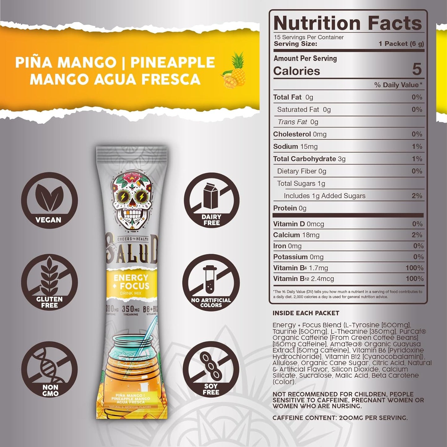 Organic Pineapple Mango Energy Drink Powder with Focus, B6, B12, Theanine - Clean Energy Packets, Agua Fresca Mix - Non-GMO, Vegan, Gluten-Free - 15 Servings