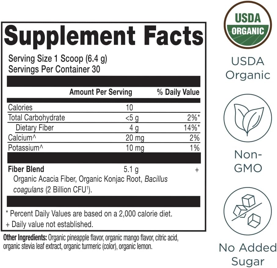 Organic Pineapple Mango Fiber Powder for Digestive Health, 6.4 oz, Soluble Fiber Blend from Acacia & Konjac Root