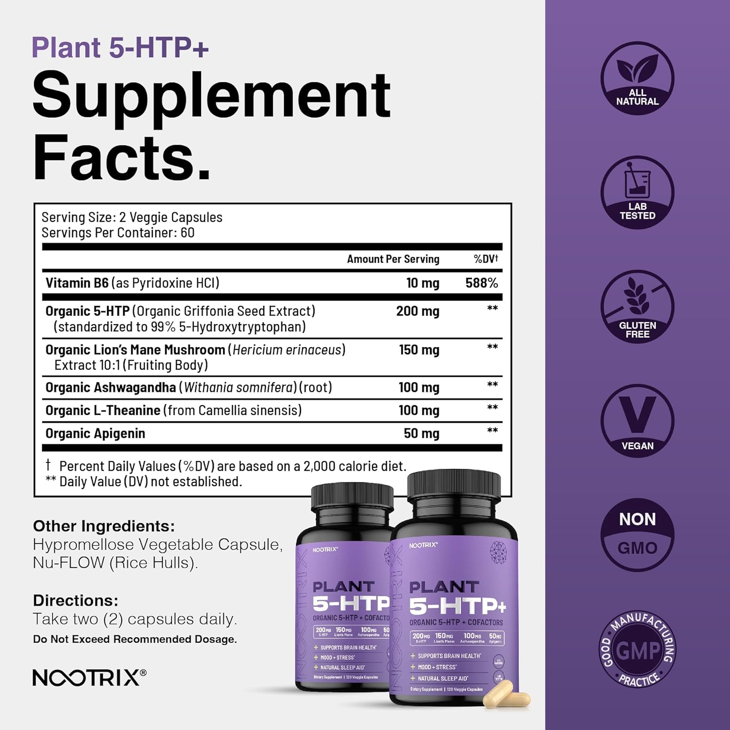 Organic Plant 5 HTP+ Cofactor Capsules - 200mg | Brain Supplement for Mood, Cognitive Health, Sleep | Vitamin B6 & L Theanine | 360 Count