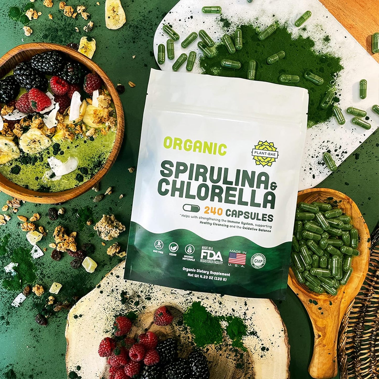Organic Plant-Bae Spirulina & Chlorella Capsules for Detox - 240 Count - Made in USA - Boosts Energy Levels - Rich in Antioxidants
