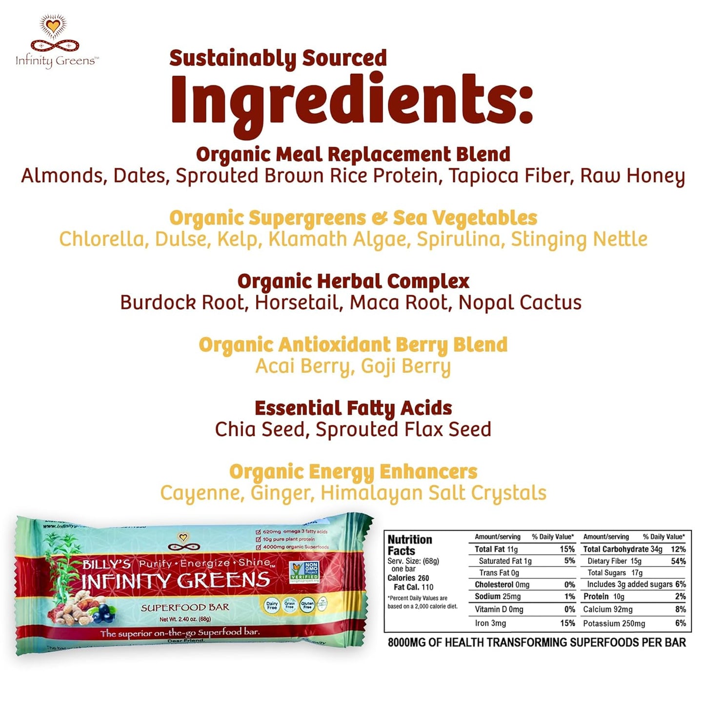Organic Plant-Based Meal Replacement Bars with 4000mg Superfood Powder - Gluten Free, Non GMO (12 Bars)
