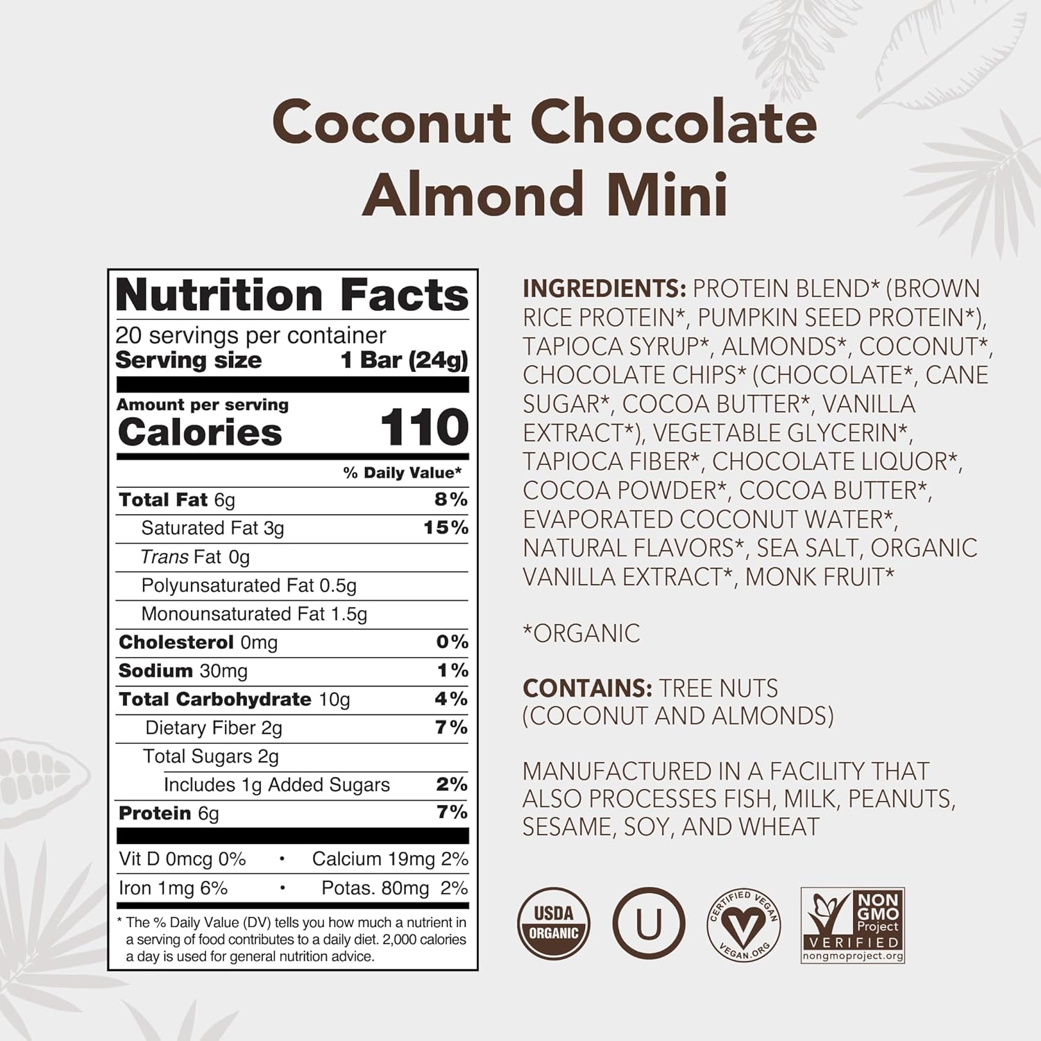 Organic Plant Based Protein Bar Minis | Coconut Chocolate Almond | 20 Count, 24g Bars | Vegan, Low Sugar, Gluten Free, Paleo, Low Carb, Non-GMO - 100% Natural Ingredients