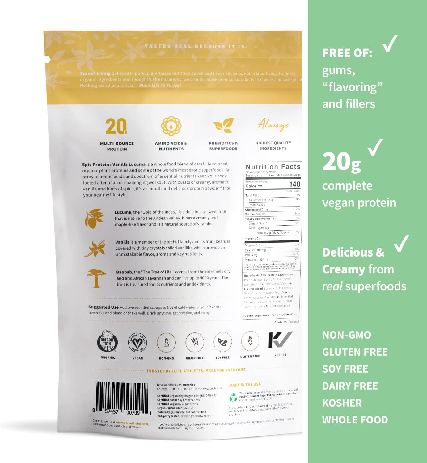 Organic Plant-Based Protein Powder Bundle - Chocolate Maca & Vanilla Lucuma (20g Protein, Vegan, Gluten-Free, Superfoods) | 1lb, 12 Servings