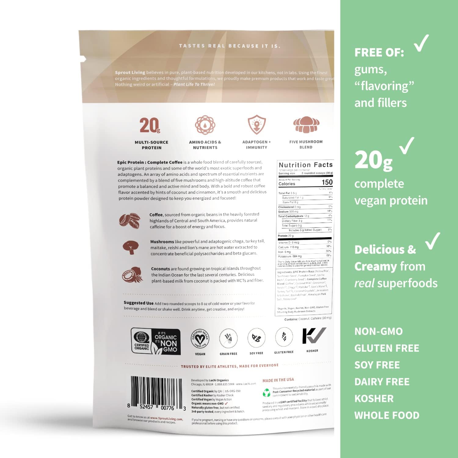 Organic Plant-Based Protein Powder with Adaptogens, Mushrooms, and Superfoods - Complete Coffee Flavor (1lb, 12 Servings) - BoostGo Australia