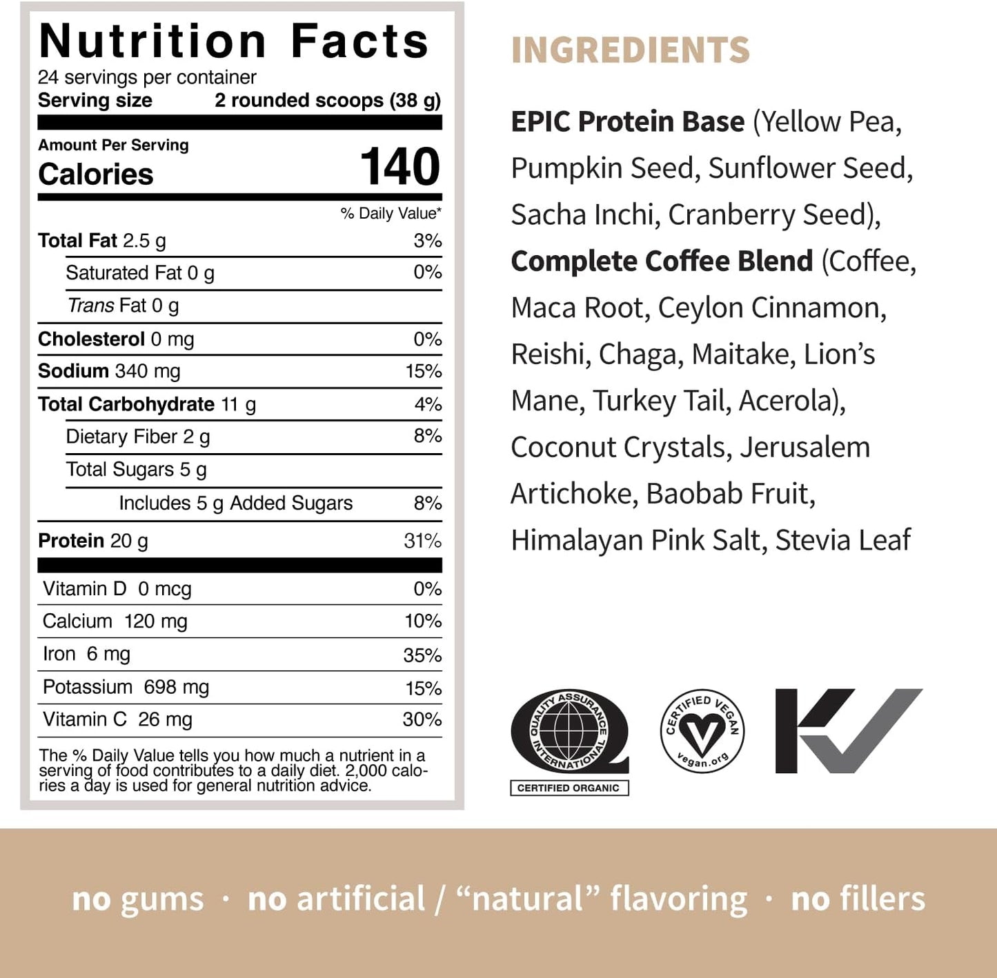 Organic Plant-Based Protein Powder with Adaptogens, Mushrooms, & Superfoods - Complete Coffee Flavor | 20g Protein, Vegan, Non-GMO, Gluten-Free - 2lb (24 Servings)