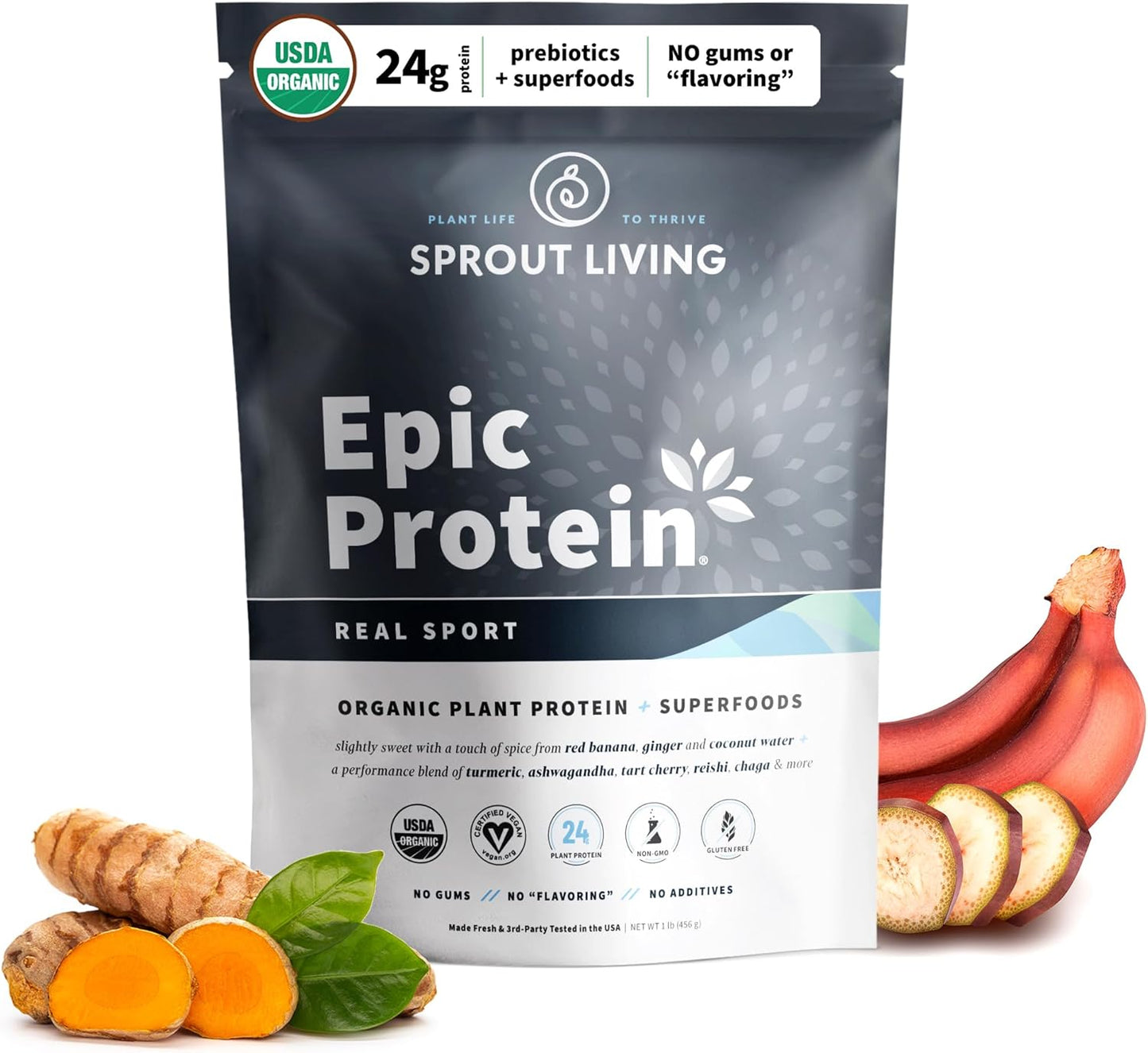 Organic Plant-Based Protein Powder with Superfoods for Recovery - 24g Protein | Vegan, Non-Dairy, Non-GMO, Gluten Free, Low Sugar - 1lb