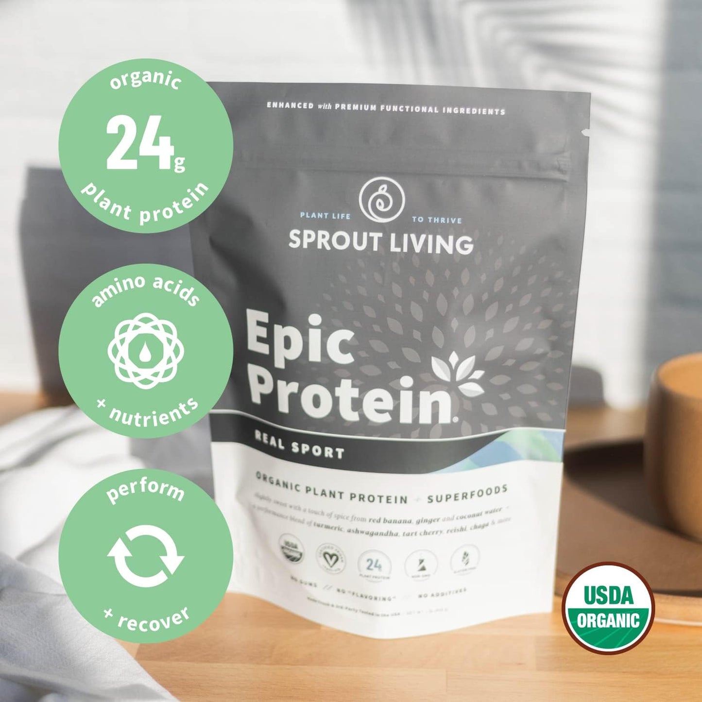 Organic Plant-Based Protein Powder with Superfoods for Recovery - 24g Protein | Vegan, Non-Dairy, Non-GMO, Gluten Free, Low Sugar - 1lb