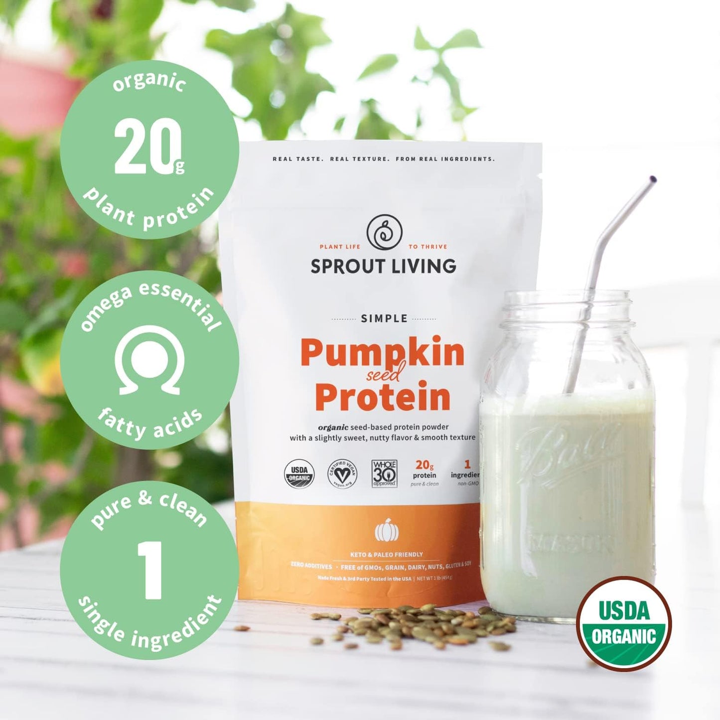 Organic Plant Based Pumpkin Seed Protein Powder - 20g Protein, No Artificial Sweeteners, Non-Dairy, Non-GMO, Vegan, Gluten-Free - 2 lb