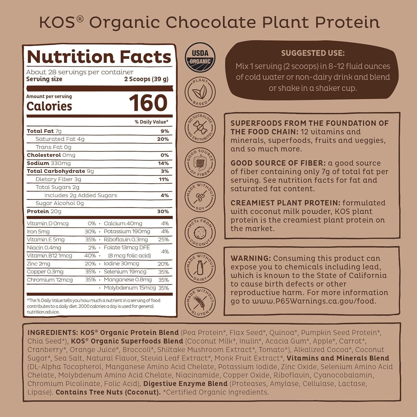 Organic Plant-Based Vegan Protein Powder, Chocolate Flavor, Keto-Friendly Meal Replacement with Vitamins & Minerals, Dairy-Free - 28 Servings
