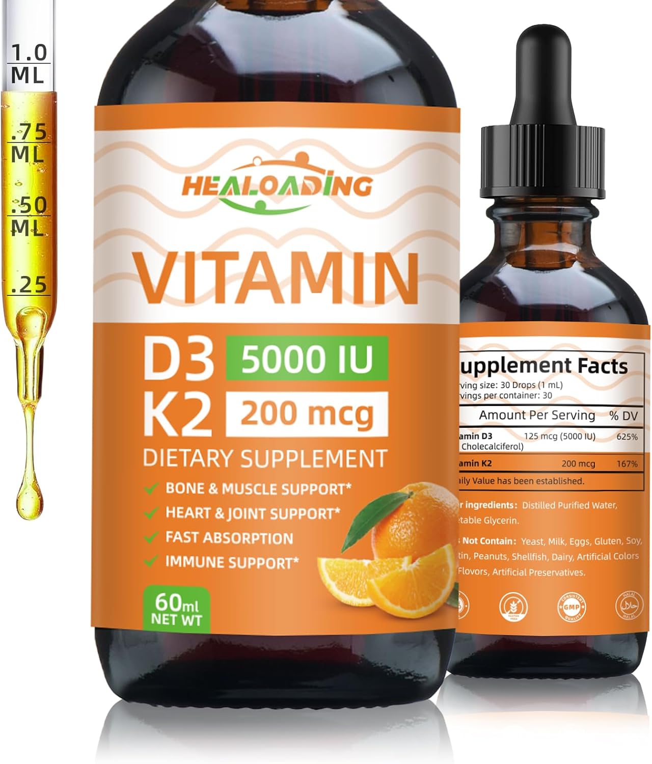 Organic Plant-Based Vitamin D3 K2 Liquid Drops for Healthy Bones and Immune Support - 5000 IU D3 & 200 mcg K2 - High Absorption Formula