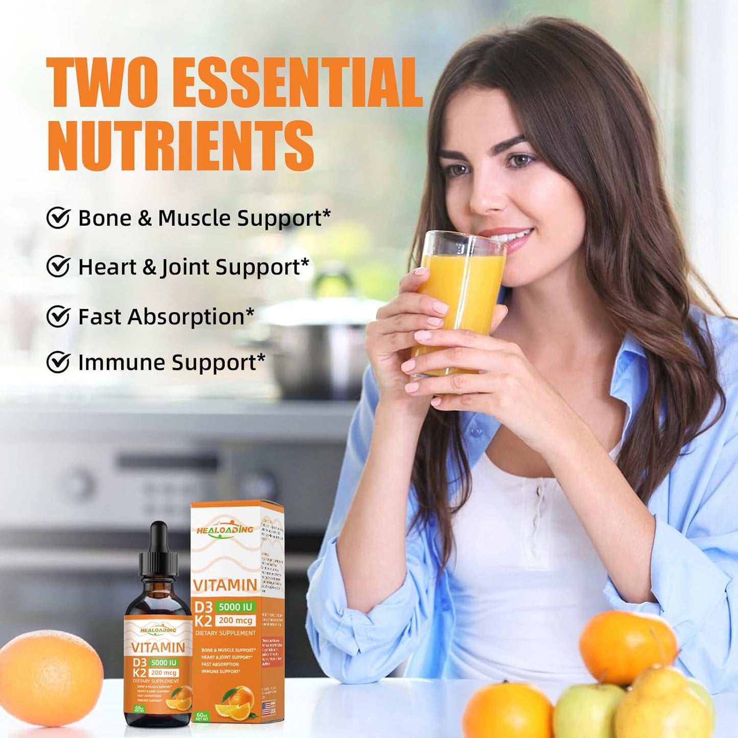 Organic Plant-Based Vitamin D3 K2 Liquid Drops for Healthy Bones and Immune Support - 5000 IU D3 & 200 mcg K2 - High Absorption Formula