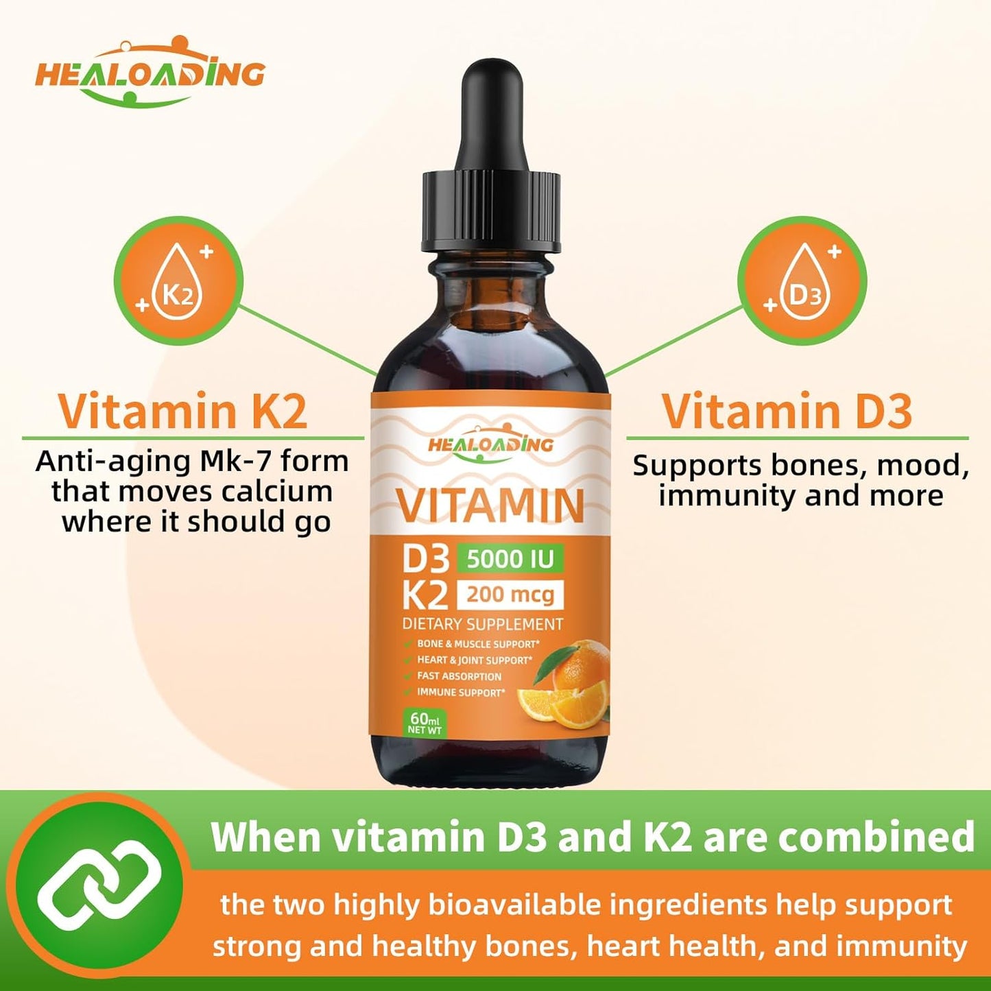 Organic Plant-Based Vitamin D3 K2 Liquid Drops for Healthy Bones and Immune Support - 5000 IU D3 & 200 mcg K2 - High Absorption Formula