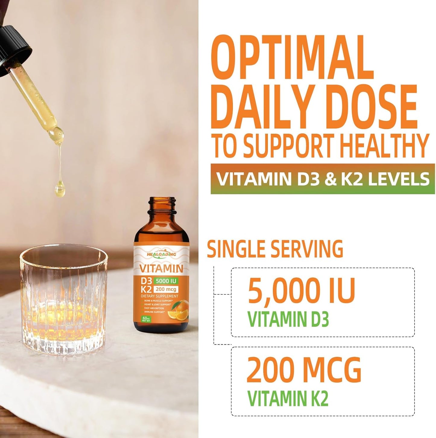 Organic Plant-Based Vitamin D3 K2 Liquid Drops for Healthy Bones and Immune Support - 5000 IU D3 & 200 mcg K2 - High Absorption Formula