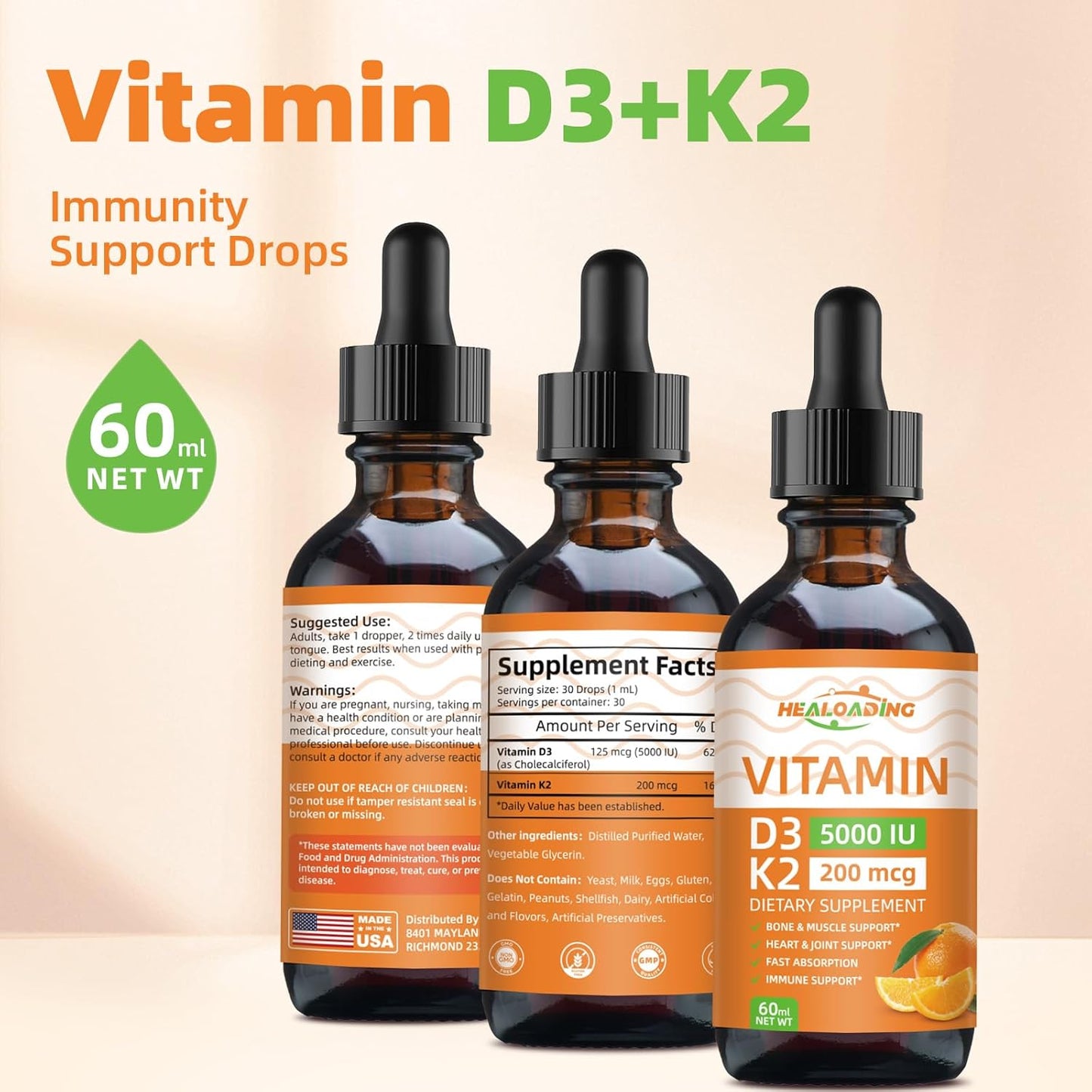 Organic Plant-Based Vitamin D3 K2 Liquid Drops for Healthy Bones and Immune Support - 5000 IU D3 & 200 mcg K2 - High Absorption Formula