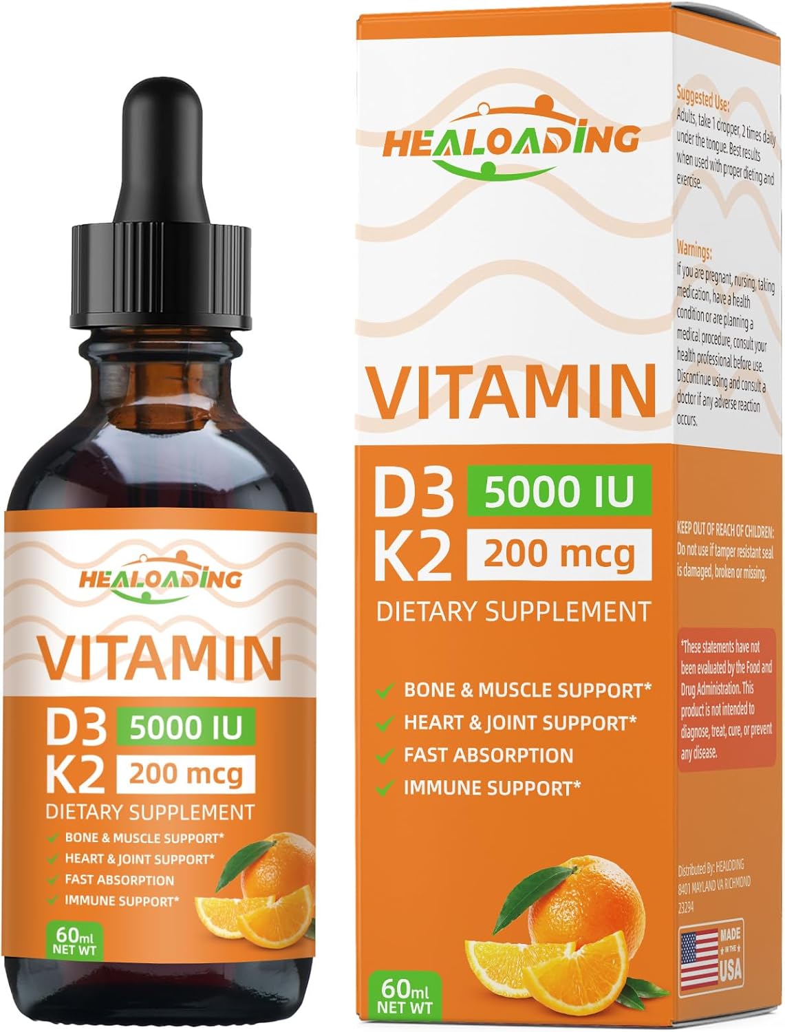 Organic Plant-Based Vitamin D3 K2 Liquid Drops for Healthy Bones and Immune Support - 5000 IU D3 & 200 mcg K2 - High Absorption Formula