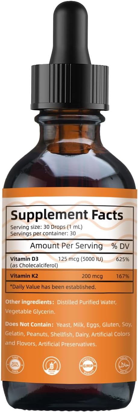Organic Plant-Based Vitamin D3 K2 Liquid Drops for Healthy Bones and Immune Support - 5000 IU D3 & 200 mcg K2 - High Absorption Formula
