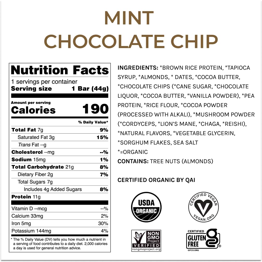 Organic Plant Protein Bars with Functional Mushrooms - USA Made Vegan Bars with Lions Mane, Chaga, Reishi & Cordyceps - Mint Chocolate Chip Flavor