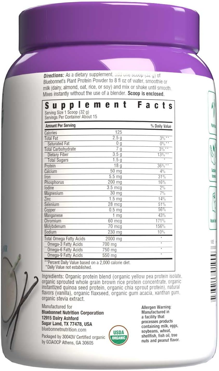 Organic Plant Protein Powder - 18g Protein, 3.5g Fiber - Chia, Quinoa & More - Non-GMO, Vegan, Kosher - USDA Organic - No Sugar - Gluten, Soy & Milk Free - 1 LB, Vanilla Flavor
