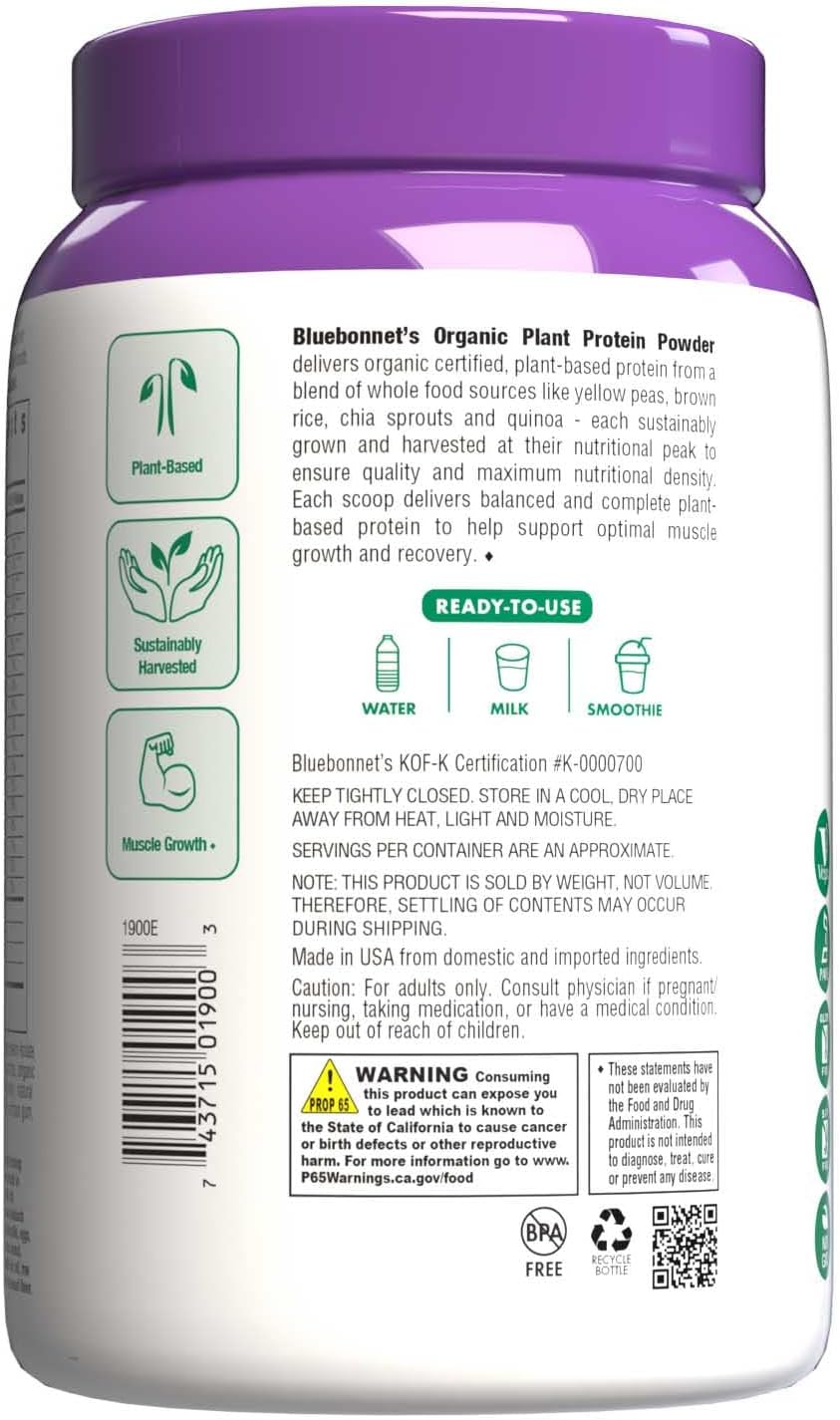 Organic Plant Protein Powder - 18g Protein, 3.5g Fiber - Chia, Quinoa & More - Non-GMO, Vegan, Kosher - USDA Organic - No Sugar - Gluten, Soy & Milk Free - 1 LB, Vanilla Flavor