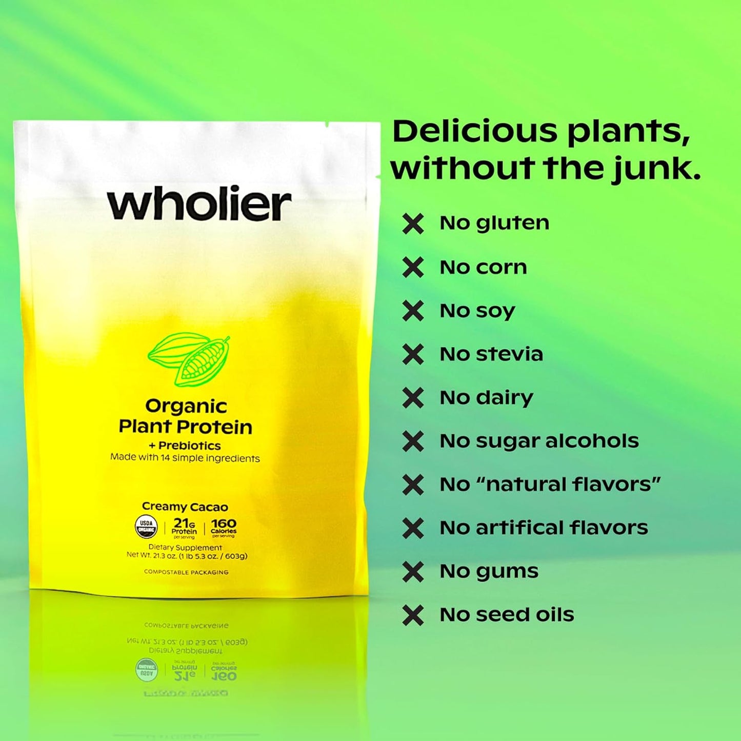 Organic Plant Protein with Prebiotics - 21g Vegan Protein, 5g Fiber, Psyllium Husk, Green Banana, Vanilla Bean Flavor - No Fillers
