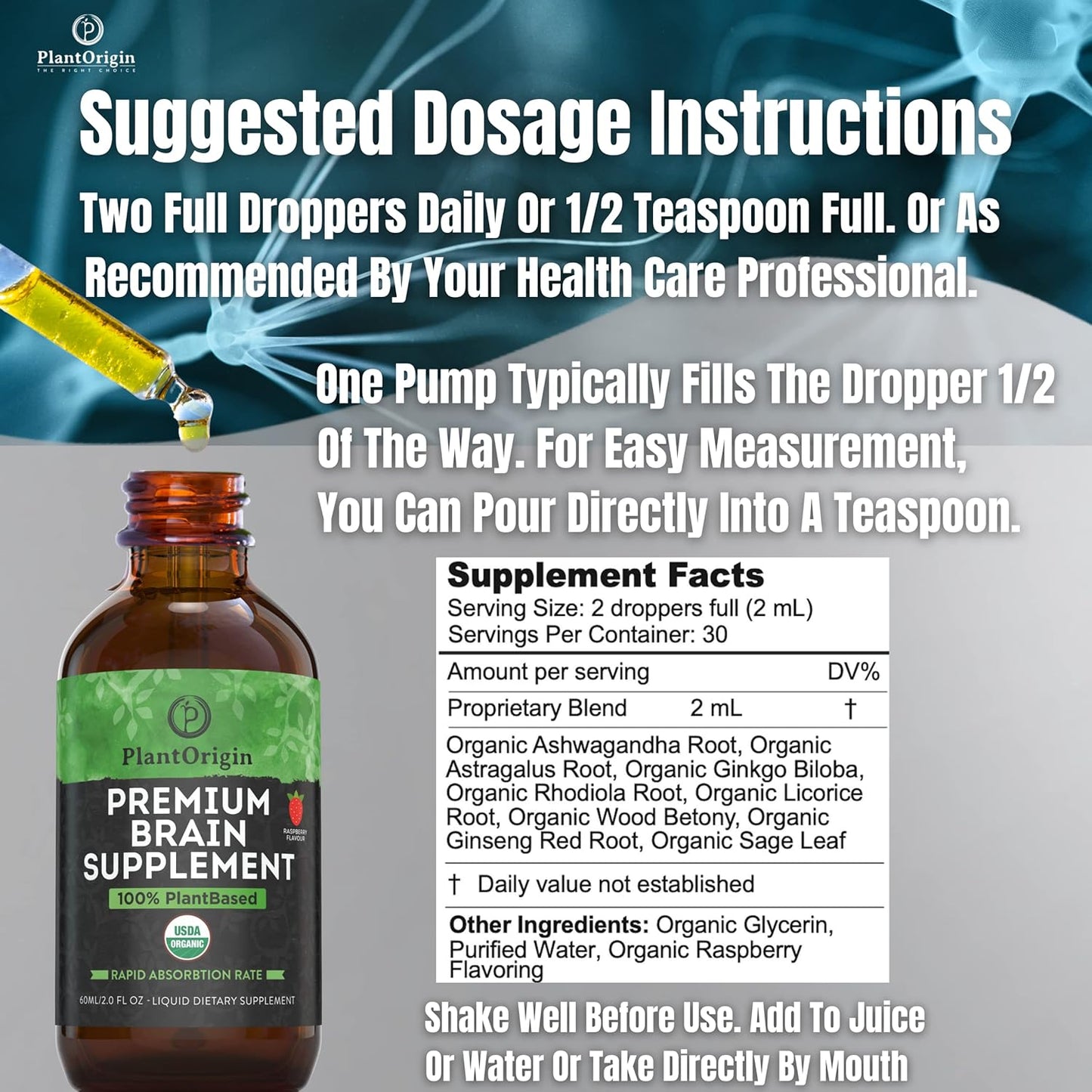 Organic PlantOrigin Brain Nootropic Drops with Ashwagandha, Ginseng & Ginkgo Biloba - Memory, Focus & Concentration - Vegan, Non-GMO - 30 Servings