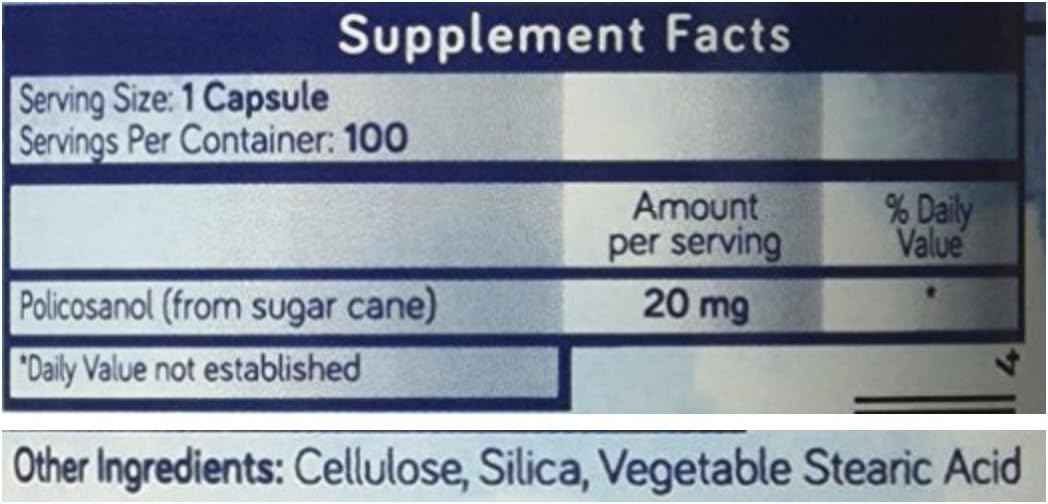 Organic Policosanol 20mg Capsules - Cardiovascular & Cholesterol Support - Antioxidant Protection - Pure Sugar Cane Extract - 100 Veg Caps