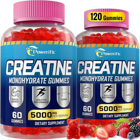 Organic Powerific Creatine Monohydrate Gummies for Pre Workout Boost - With Taurine, Vitamin B6 & B12 - Increase Strength, Energy and Endurance - Muscle Support for Men & Women - 2 Pack