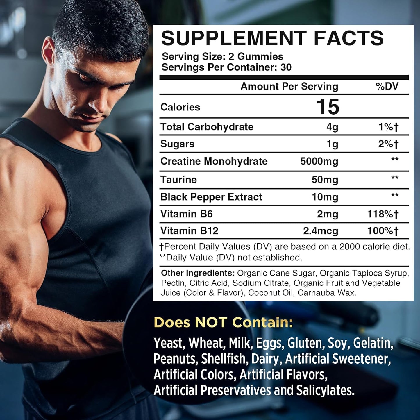 Organic Powerific Creatine Monohydrate Gummies for Pre Workout Boost - With Taurine, Vitamin B6 & B12 - Increase Strength, Energy and Endurance - Muscle Support for Men & Women - 2 Pack