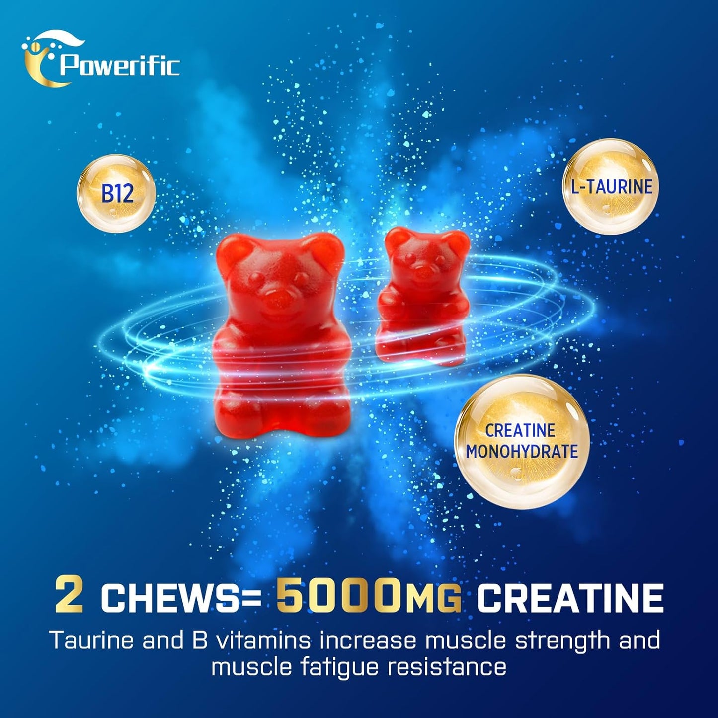 Organic Powerific Creatine Monohydrate Gummies for Pre Workout Boost - With Taurine, Vitamin B6 & B12 - Increase Strength, Energy and Endurance - Muscle Support for Men & Women - 2 Pack
