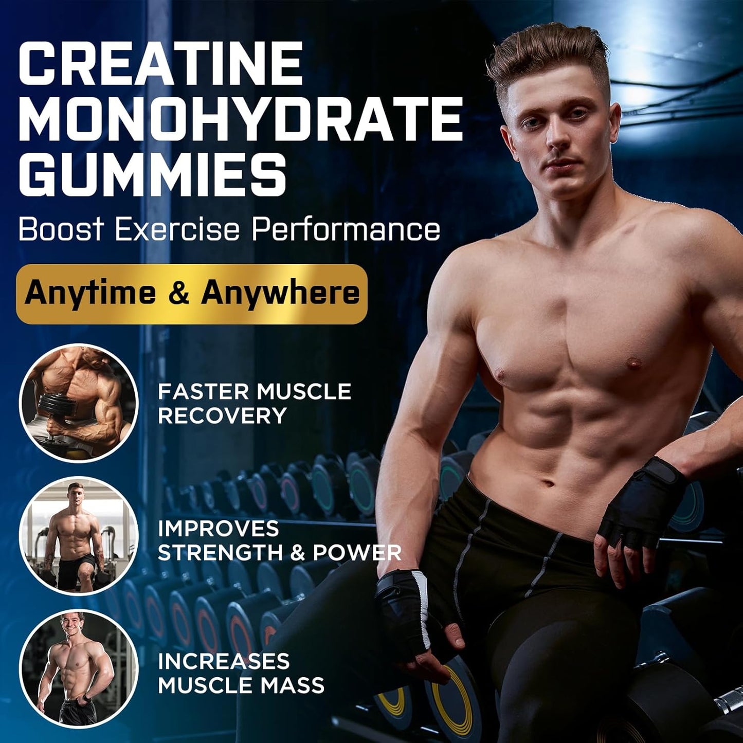 Organic Powerific Creatine Monohydrate Gummies for Pre Workout Boost - With Taurine, Vitamin B6 & B12 - Increase Strength, Energy and Endurance - Muscle Support for Men & Women - 2 Pack