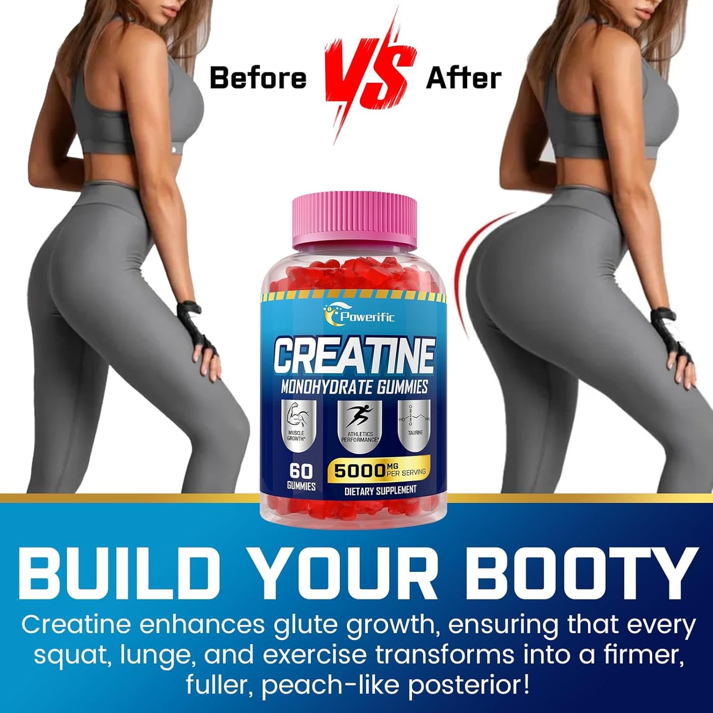Organic Powerific Creatine Monohydrate Gummies for Pre Workout Boost - With Taurine, Vitamin B6 & B12 - Increase Strength, Energy and Endurance - Muscle Support for Men & Women - 2 Pack