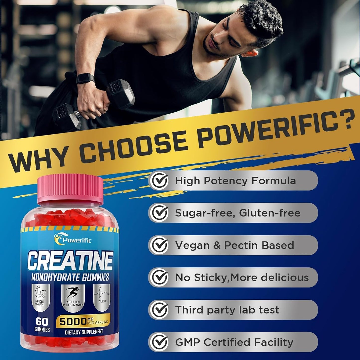 Organic Powerific Creatine Monohydrate Gummies for Pre Workout Boost - With Taurine, Vitamin B6 & B12 - Increase Strength, Energy and Endurance - Muscle Support for Men & Women - 2 Pack