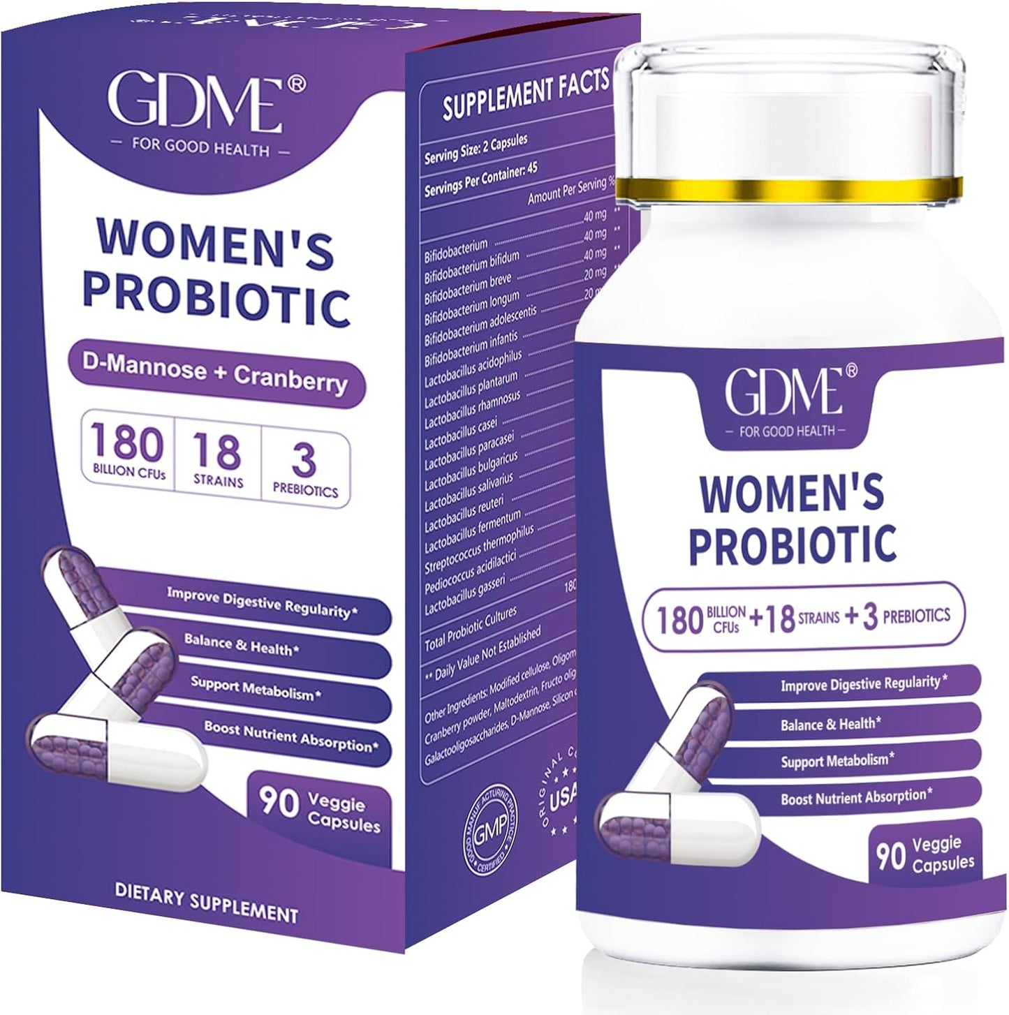 Organic Prebiotic Cranberry Probiotic Supplement for Women's Digestion & Immunity - 180 Billion CFU, 18 Strains - Non-GMO, Gluten-Free, Dairy-Free - 90 Veg Capsules - BoostGo Australia