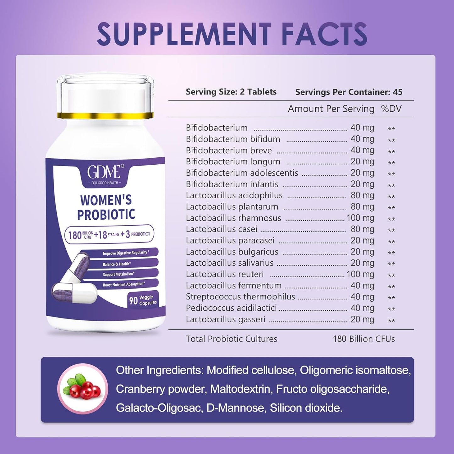 Organic Prebiotic Cranberry Probiotic Supplement for Women's Digestion & Immunity - 180 Billion CFU, 18 Strains - Non-GMO, Gluten-Free, Dairy-Free - 90 Veg Capsules - BoostGo Australia