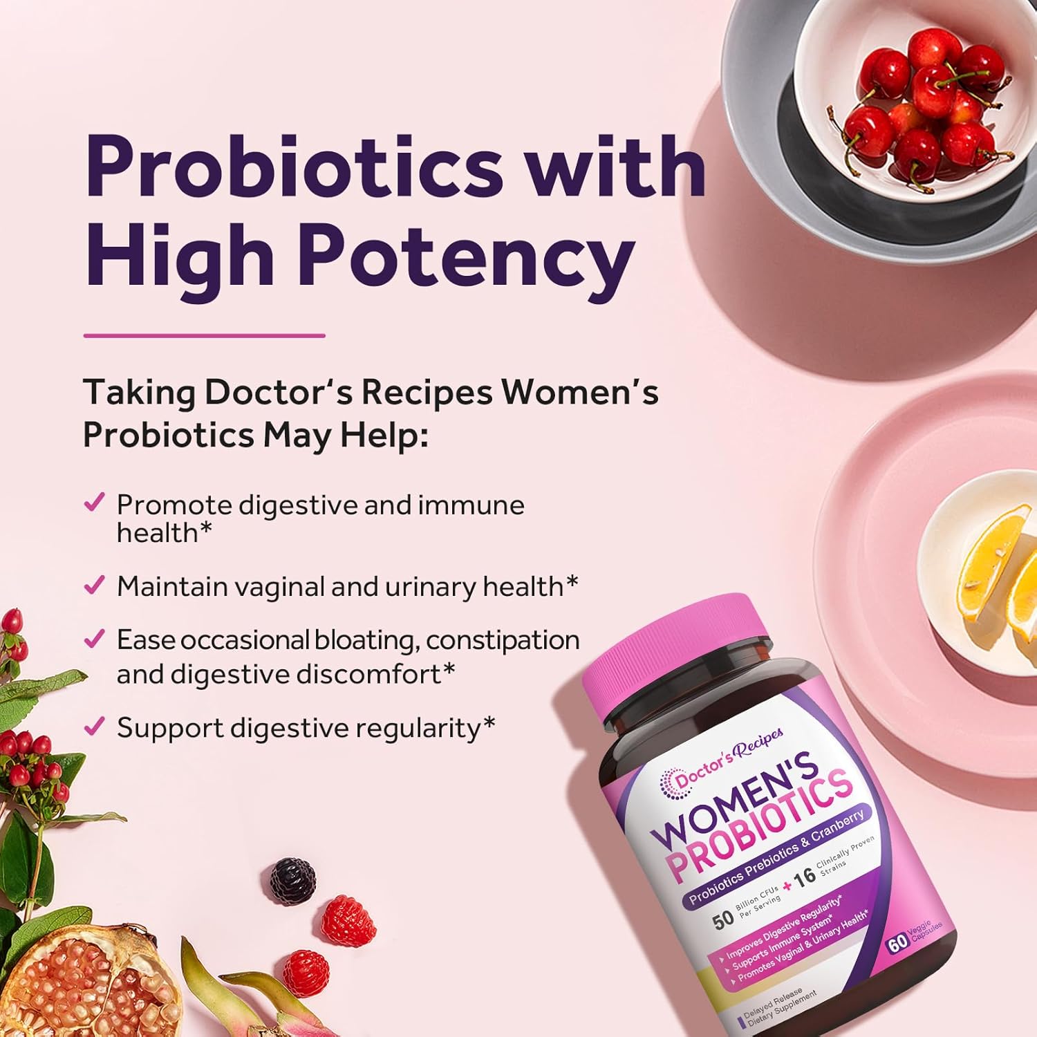 Organic Prebiotic Cranberry Probiotics for Women - 50 Billion CFU, 16 Strains - 120 Capsules x2 - Shelf Stable, Delayed Release - 60 Day Supply