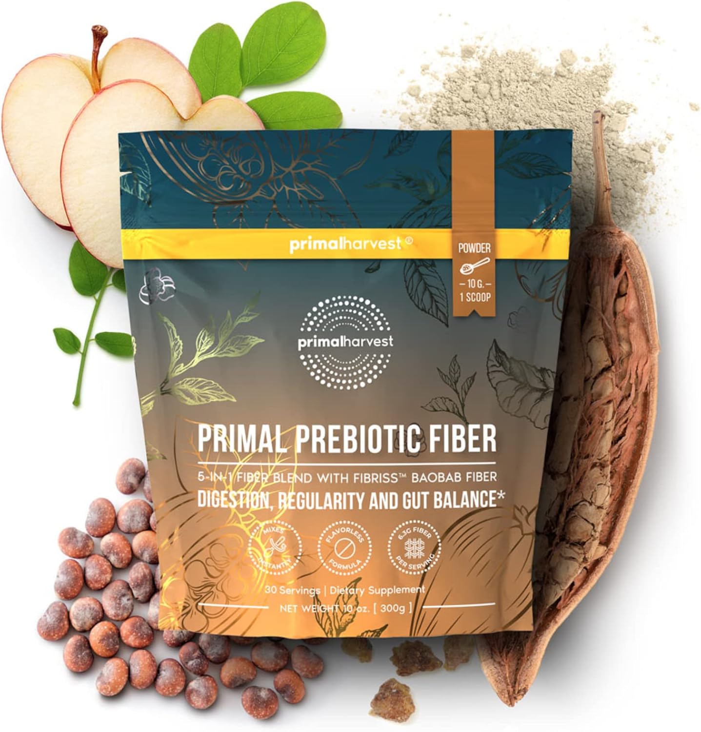 Organic Prebiotic Fiber Powder with Acacia and Baobab - 30 Servings, Unflavored Supplement