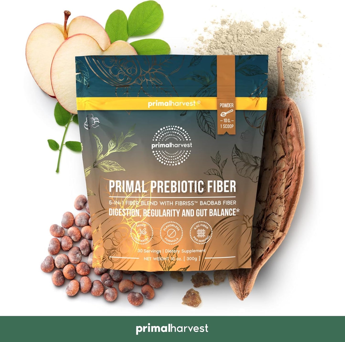 Organic Prebiotic Fiber Powder with Acacia and Baobab - 30 Servings, Unflavored Supplement
