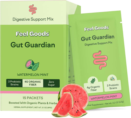 Organic Prebiotic & Probiotic Powder for Gut Health Support, Sugar-Free Fiber Blend with Herbs for Bloat Relief, Non-GMO & Vegan - Watermelon Mint, 15 Packets