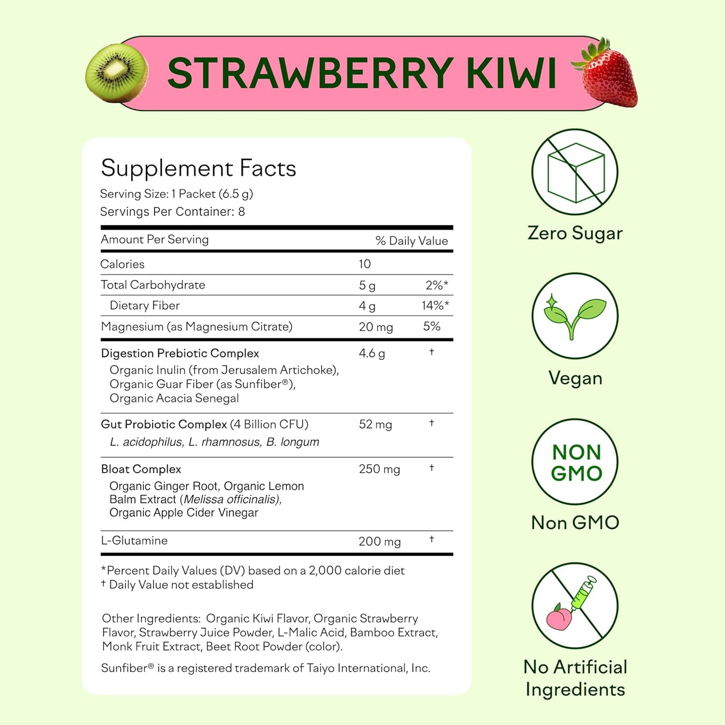 Organic Prebiotic & Probiotic Powder for Gut Health - Sugar Free, Non GMO, Vegan - Strawberry Kiwi Flavor, 8 Count