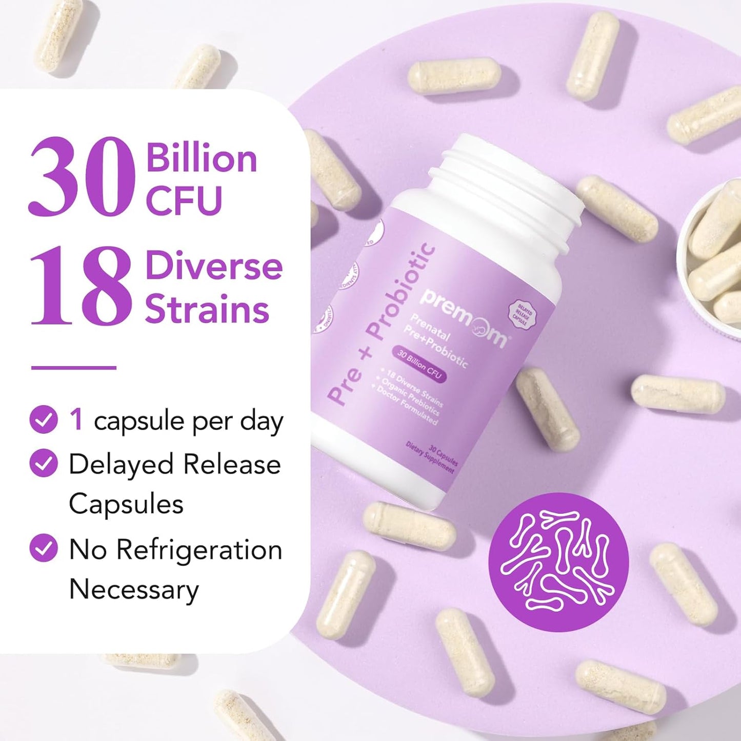 Organic Prenatal Prebiotics & Probiotics for Women - 30 Billion CFU, 18 Strains - Supports Digestive, Gut & Immune Health - Daily Capsules for Mom and Baby