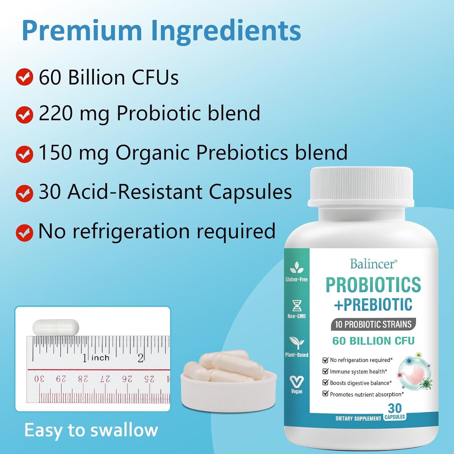 Organic Probiotic and Prebiotic Blend for Digestive Health, 60 Billion CFUs, 10 Strains, Women and Men, 30 Capsules