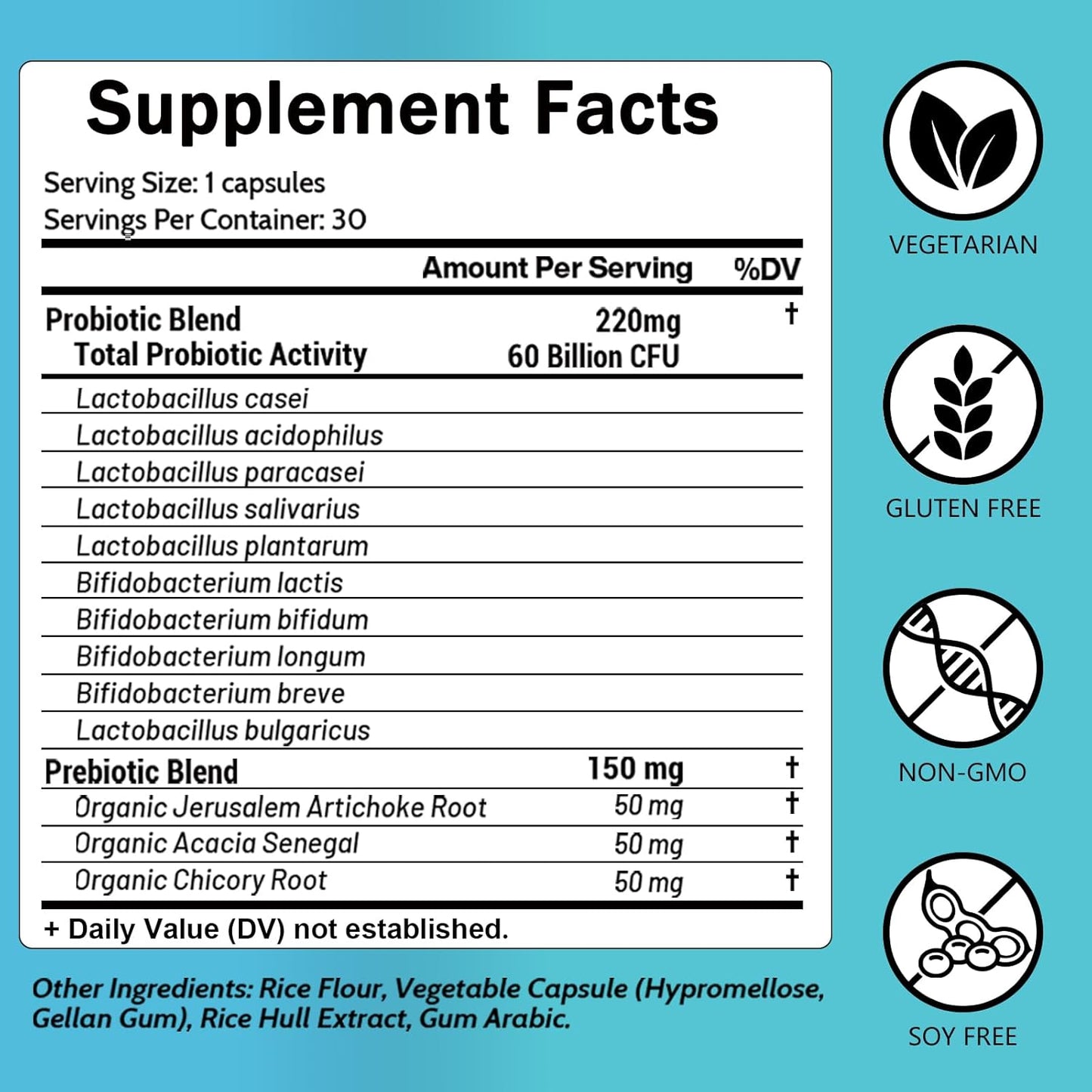 Organic Probiotic and Prebiotic Blend for Digestive Health, 60 Billion CFUs, 10 Strains, Women and Men, 30 Capsules