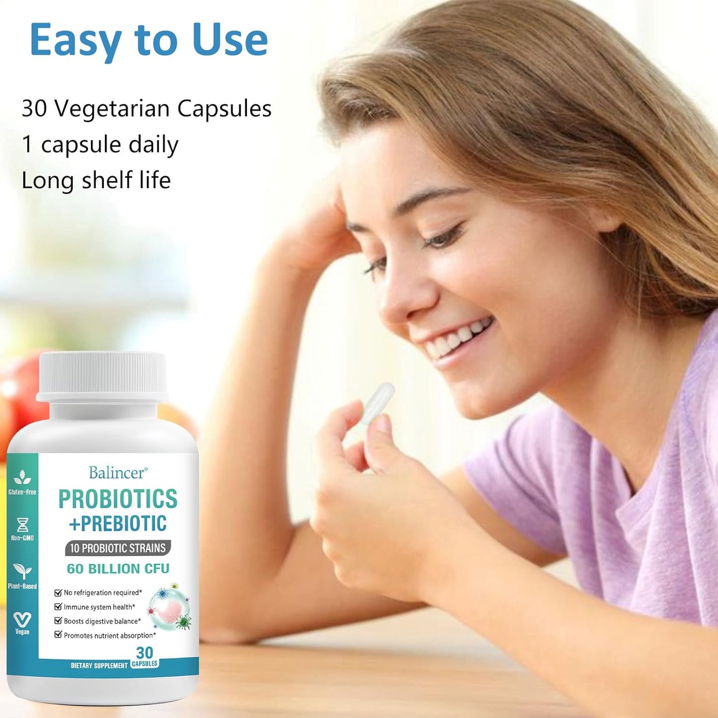 Organic Probiotic and Prebiotic Blend for Digestive Health, 60 Billion CFUs, 10 Strains, Women and Men, 30 Capsules
