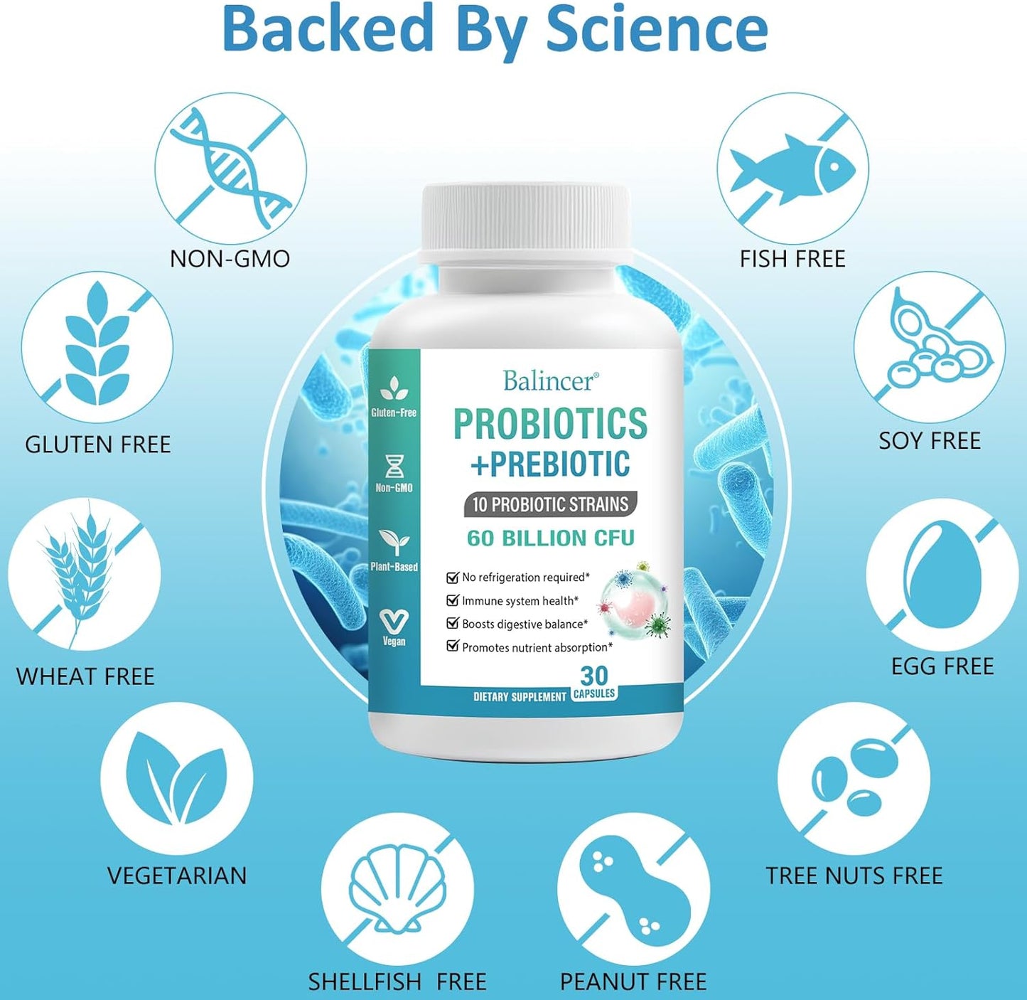 Organic Probiotic and Prebiotic Blend for Digestive Health, 60 Billion CFUs, 10 Strains, Women and Men, 30 Capsules