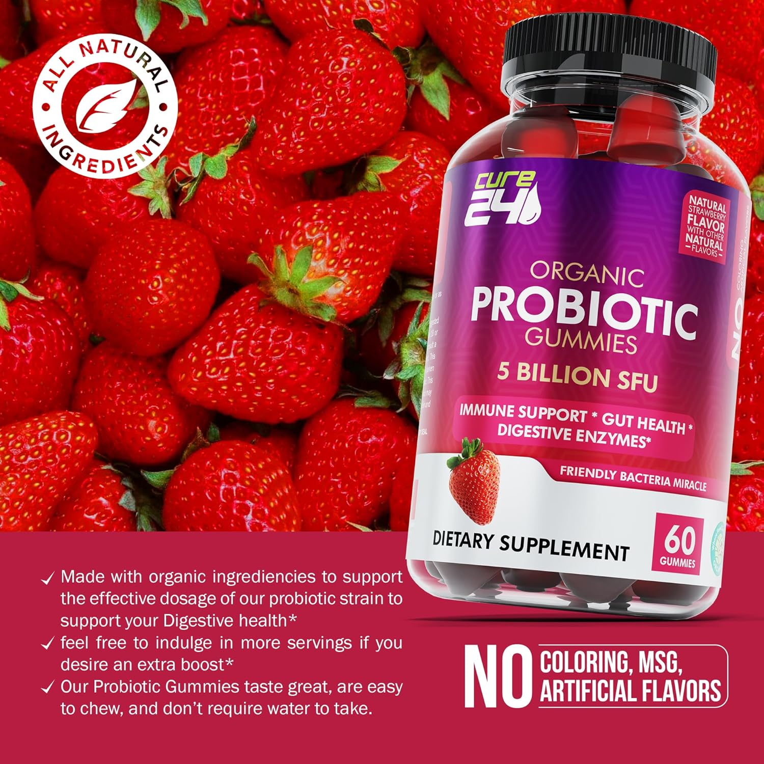 Organic Probiotic Gummies 5 Billion CFUs - Max Strength Supplement for Women & Men, Natural Strawberry Flavor - 60 Gummies - BoostGo Australia