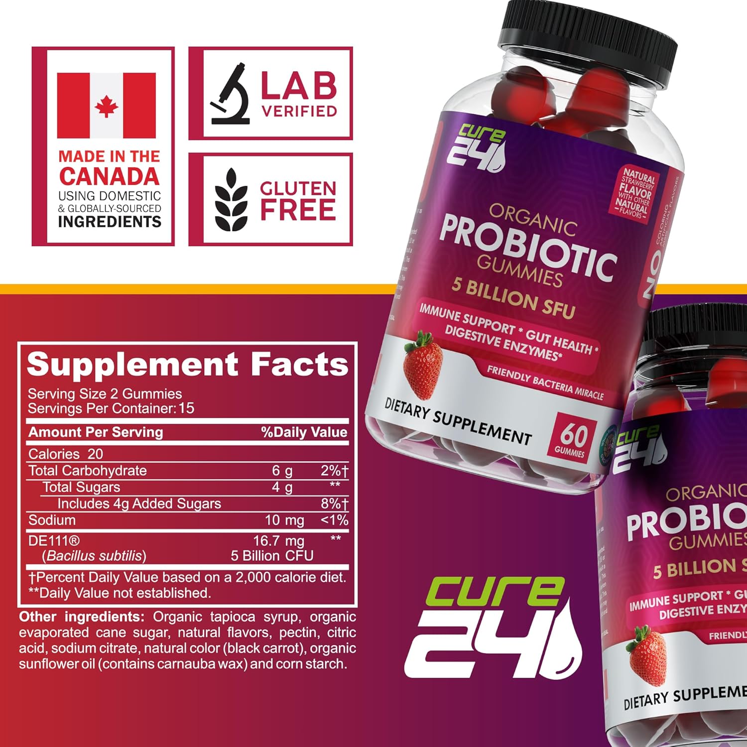 Organic Probiotic Gummies 5 Billion CFUs - Max Strength Supplement for Women & Men, Natural Strawberry Flavor - 60 Gummies - BoostGo Australia