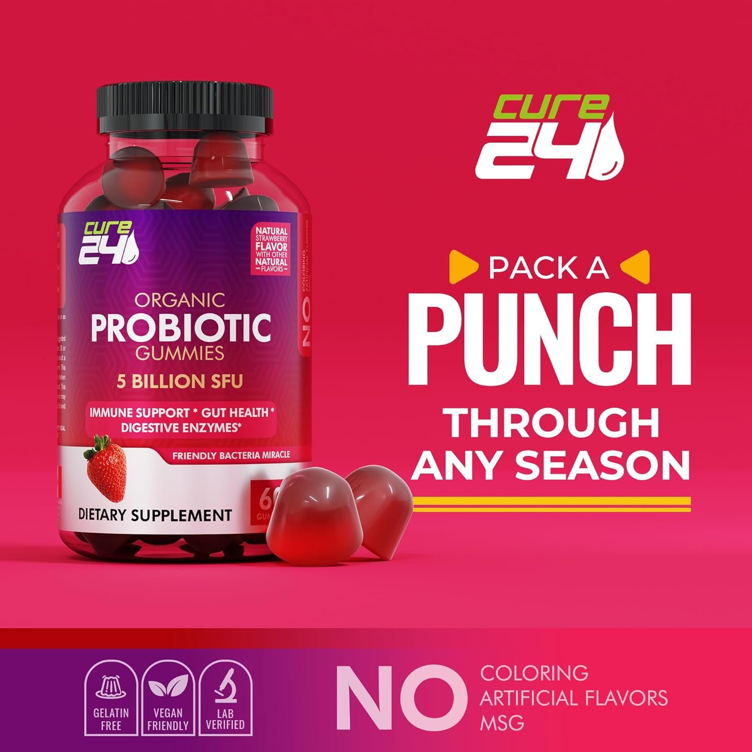 Organic Probiotic Gummies 5 Billion CFUs - Max Strength Supplement for Women & Men, Natural Strawberry Flavor - 60 Gummies - BoostGo Australia